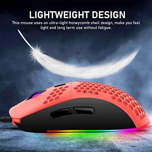 Honeycomb Wired Gaming Mouse,7 Programmable Buttons And Rgb Backlight,6400 Adjustable Dpi And Ergonomic,Ultraweave Cable Lightweight Ultralight Computer Mice For Pc Gamers,Windows,Xbox,Ps4(Red) #TOP4
