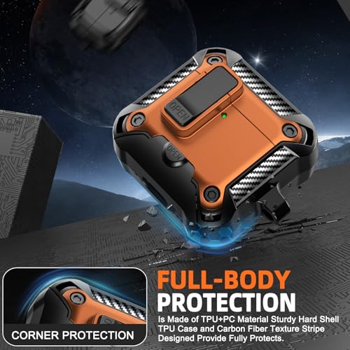 Image of for AirPods 4 Case with Lock & Phone Stand(Orange) | Automatic Snap Switch Lock,Carbon Fiber Texture Design Cover with Cleaner Kit