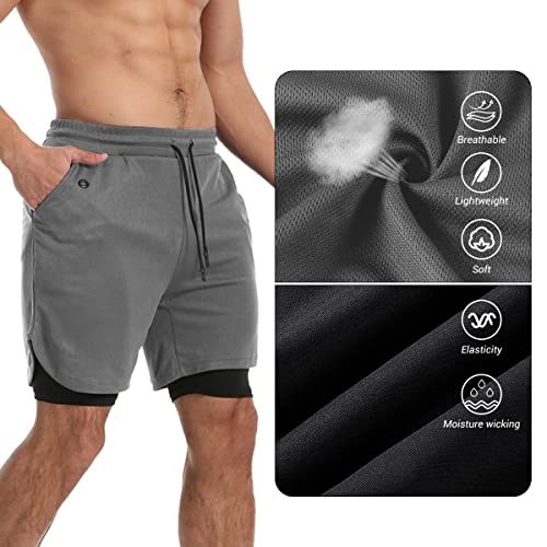 Klinnfenr Mens 2 In 1 Gym Running Shorts 7 Inch Lightweight Athletic Workout Clothes For Men Quick-Dry Shorts With Zipper Pockets,Deep Grey Xl #TOP3