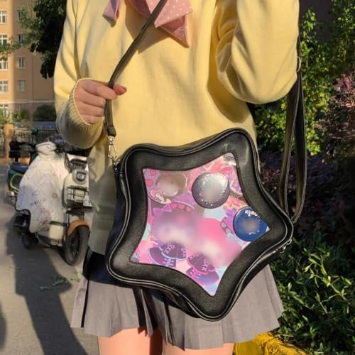 Image of Star Shape Ita Bag Pins Display Crossbody Bag PU Leather Backpack Y2k Aesthetic Cute Handbag (Black)