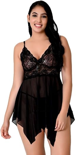 Love Maker Women's Net Solid Above Knee Babydoll Lingerie for Women Lace Sleepwear Boudoir Outfits Plus Size