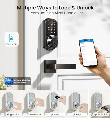 Veise VE07-L Fingerprint Smart Locks for Front Door with Zinc Alloy Handle Set, App Control, Keyless Entry, Electronic Digital Keypad Deadbolt, Auto Lock, Waterproof, Easy to Install, Matte Black