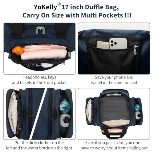 Image of Small Duffel Bag, 17 inch, Navy | 25L, Multi Pockets, Carry On, Weekender Bag, Travel Gym Sport, 17x10x9 in