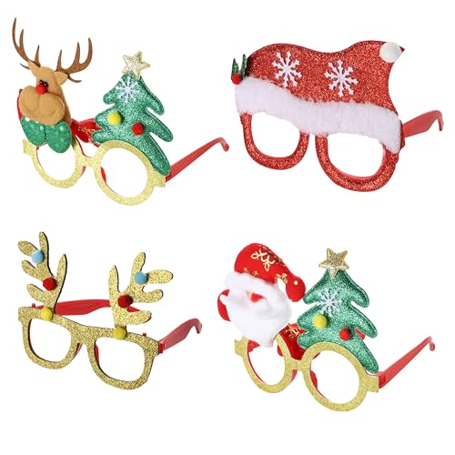 Komonee 4 x Christmas Novelty Glasses Sunglasses | Xmas Costume Eyewear Fancy Dress Up | Funny Festive Party Favours for Holiday Celebrations & Photo Booth Props for All Ages