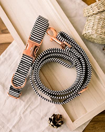 FREUDENTIER® Hundehalsband & Hundeleine aus Canvas im Set - 2m lang & 3-Fach verstellbar - Lighthouse Kollektion (30-42cm, Schwarz/Weiss)