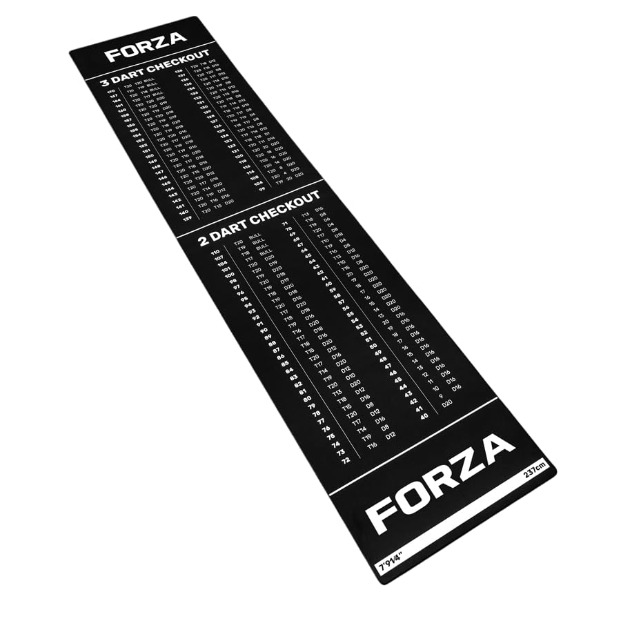 FORZA Darts Checkout Mat | Official Throw-Line & 2-/3-Dart Checkout Chart – Premium Polyester Surface with Non-Slip Rubber Base – Full-Length Floor Mat 240 × 60 cm for Home, Pub or Club Use