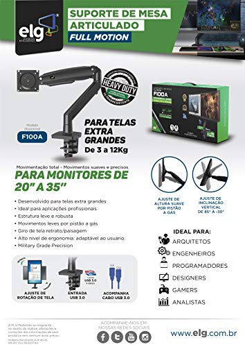 Suporte Articulado De Mesa Full Motion Com Pistão A Gás Para Monitores De 20” A 35” - Professional S