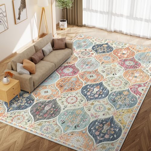 IKALIFE Orange Rugs for Living Room - 120x170 cm Machine Washable Soft Low Pile Non-Slip Vintage Floral Print Area Rugs for Bedroom Lounge Dining Room, Non-Shedding Stain Resistant Carpet
