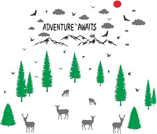 Calcomanía de pared de bosque verde para guardería, adhesivo de PVC extraíble con pino, ciervo, ganso volador, montaña, nube, sol rojo, decoración disponible en Yaxa Colombia