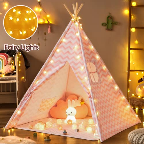 image for Tiny Land Kids-Teepee-Tent with Soft Mat & Star Lights String, Cotton 