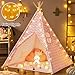 Tiny Land Kids-Teepee-Tent with Soft Mat & Star Lights String, Cotton Kids Play-Tent, for 3,4,5,6 Years Old Girls, Indoor Outdoor Playhouse & Fort, Learning Toy for Toddlers