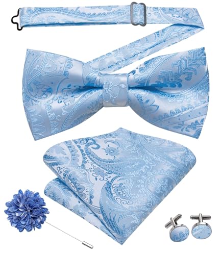 Image of Hi-Tie Bow Tie Men Pre Tied Bowtie Pocket Square Cufflinks Lapel Pin Formal Wedding Bow Ties for Men Party Tuxedo Bowtie Set,Baby Blue Paisley Floral
