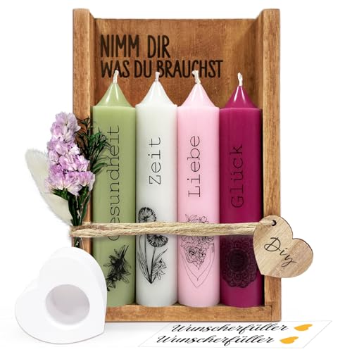 Nimm dir was du brauchst Kerzen Geschenkset, Geburtstagsgeschenk für Frauen Freundin Schwester, Kerzen mit Spruch Deko Kerzenhalter Set mit Holzbox Trockenblumen Geschenkidee Wunscherfüller
