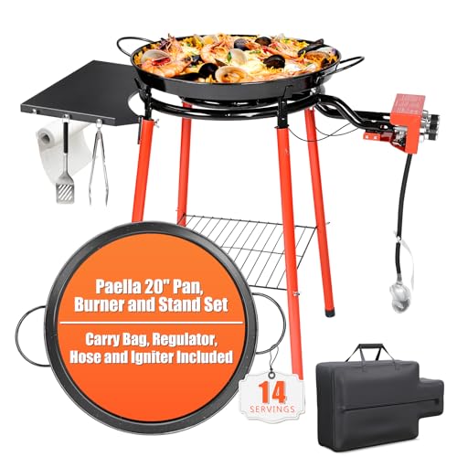 Juego de paellera de 20 pulgadas, quemador de paella y juego de soporte, paellera con tapa, paellera, paellera, kit de paella de acero esmaltado con bolsa de transporte, manguera reguladora de