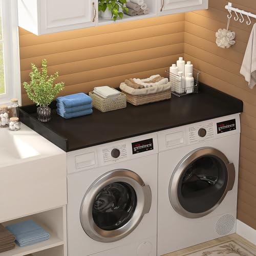 Image of Washer Dryer Countertop, 54 inch x 27.5 inch Laundry Countertop with Edge Rails, Black Wood Topper with Non-Slip Pad, Universal Fit Laundry Room Organization