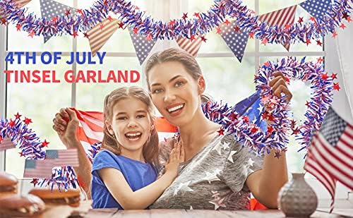 Miniatura 8 de LOMIMOS Guirnalda patriótica de oropel, guirnalda metálica roja, blanca y azul para el 4 de julio, Día de los Caídos y decoraciones del Día de los