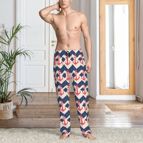 Mens Pajama Pants - Pink Anchor Print Soft Sleep Lounge Pants For Men, Casual Pj Bottoms With Pockets2