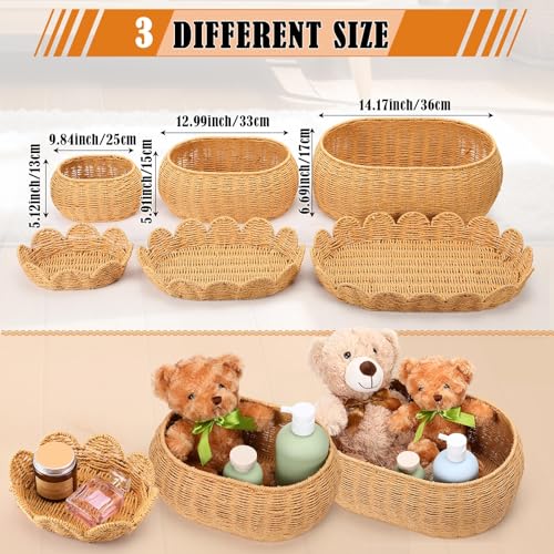 Image of Cinnvoice Set of 3 Scalloped Baskets with Lids 10 /13 /14 Inch Hand Woven Storage Wicker Baskets for Baby Shower Gifts Baby Diaper Caddy Organizer for Nursery Room(Paper Rope)
