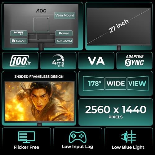 Image of AOC Q27B3M2 Gaming Monitor 27 inch 2560 x 1440 QHD VA, 100Hz Refresh Rate, 4ms Response Time, Adaptive Sync, Low Blue Mode, 99% NTSC, 178 Wide Viewing Angle, 3-Sided Frameless Design, Tilt Stand