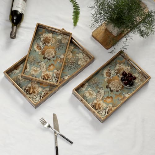 Image of DULI Set of 3 MDF Wood Enamel Coated Multipurpose Trays| Serving Tray for Home & Dining Table (16x10x2, 14x8x2, 12x6x2 Inches) (Setof3Nonwp- GreyGoldBirds)