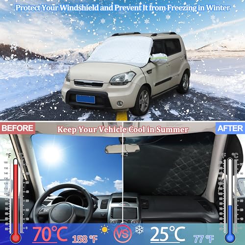 Image of Windshield Snow Cover Compatible with Kia Soul 2009-2013, Car Snow Cover, Front Windshield Sunshade, Exterior Windscreen Sun Shade, UV-Rays Sun Ice Snow Frost Protector, 4-Layer Windshield Cover