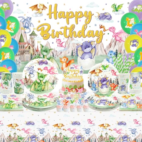 Ywediim Decoración de fiesta de cumpleaños de dragón, incluye telón de fondo, platos, tazas, servilletas, mantel, globos, popotes, decoraciones de cumpleaños de dragón, sirve para 20