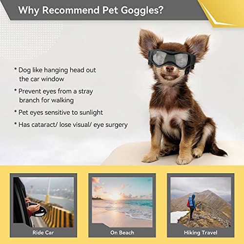 NAMSAN Hundebrille für Kleine Hunde UV-Schutz Hunde Sonnenbrille mit Einstellbar Gummiband Winddichte Hunde Motorradbrille-Schwarz