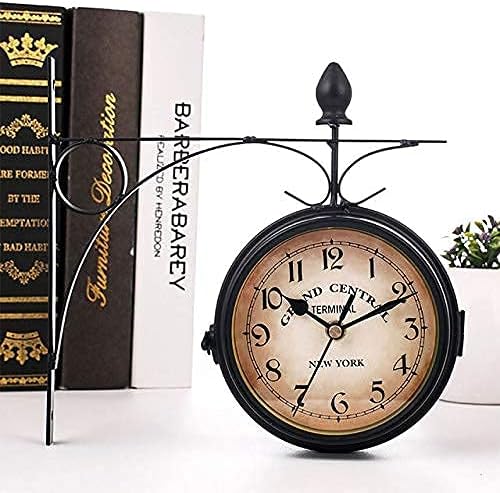 Outdoor Garden Wall Clock, 9 Inch Double Sided Wrought Iron Garden Clock Waterproof Outdoor Clock Indoor Outdoor Decoration Outside Clock Station Quartz Wall Clock with Outside Bra