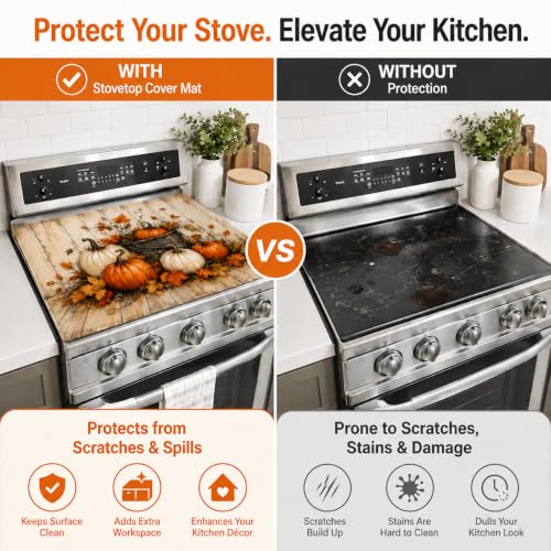Image of Fall Pumpkin Stove Top Cover for Electric Stove 28 inchx 20 inch Wood Grain Background Heat Resistant Glass Top Stove Cover Protector, Glass Cooktop Covers, Kitchen Flat Stove Top Covers