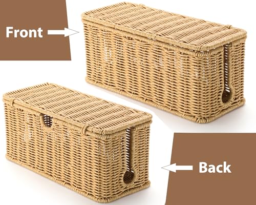 Image of 2Pack Large Cable Management Box, Handwoven Imitation Rattan Cord Organizer | Handwoven imitation rattan cord hider box conceals power strips and cables for a clean desk or floor setup