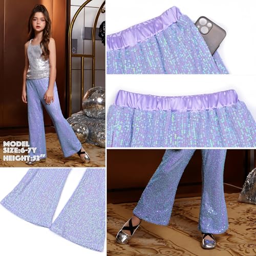 Image of Perfashion Girls Sequin Bell Bottom Pants Disco Sparkly Flare Pants Kids Dance Trousers with Pockets 6-15Y