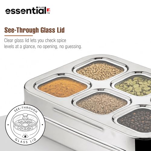 Image of Essential Plus Stainless Steel Multi Use Box, 24.5cm (150ml), See Through Lid, 6 in 1 Masala Dabba / Spice Box for Kitchen, Rectangular Spice Organizer / Masala Dani with 6 Containers, Easy to Clean