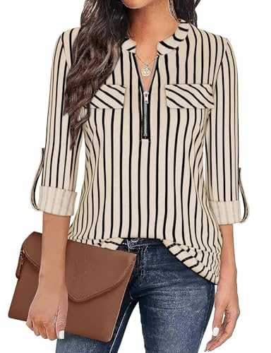Gemulate V-Ausschnitt Longshirt Damen Langarm 3/4 Ärmel Tunika ReißVerschluss Longshirt Langarm Hemd Festliche Blusen Oberteile Frühlingsmode Damen Khaki Gestreifte XXL
