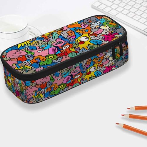Image of Yekiua Animals Doodle Pencil Case Organizer Cute Funny Cartoons Comic Book College Office Big Capacity Pencil Bag Colorful