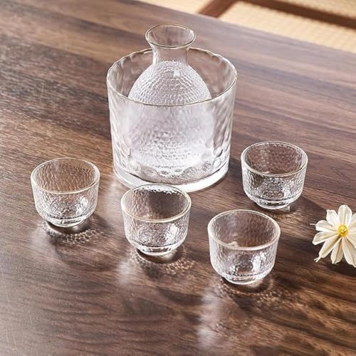 Zxyler 日本酒セット 冷酒グラス専用 600ml+300ml+40ml×4 桜グラデーションピンクデザイン 耐熱ガラス製 シンプル&おしゃれ 濁酒・清酒両用 和風雰囲気満載 居酒屋仕様家庭用兼用 祝い贈りに最適 保存性良好 手入れ簡単 複数サイズ対応