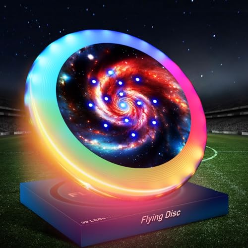 Flying Disc Glow in the Dark - Double LED Halos - Flying Disc with 39 LEDs+7 Lighting Modes Changeable - Waterproof Flying Disc Rechargeable - Outdoor Games in Camp Evening Party (Glowing Galaxy)