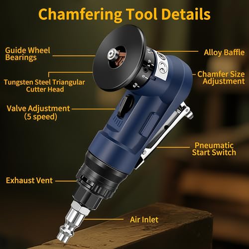 Image of Pneumatic Chamfering Tool, 30000 RPM Air Chamfer Tool with 6 Bearings & Complete Screw Kit for Deburring & Beveling, Includes 8 C & 6 R Blades, 45, 1 /4 inch Air Inlet for Metal, Wood, PVC, Acrylic
