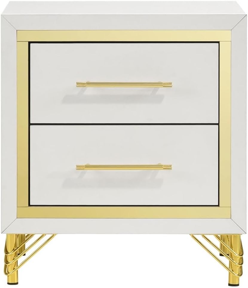 Pemberly Row 4-Piece Bedroom Set, Upholstered Queen Bed Beige, MDF and Wood, Includes Nightstand, Dresser, Mirror, White and Gold Finish, Modern Design for Sophisticated Bedroom Decor