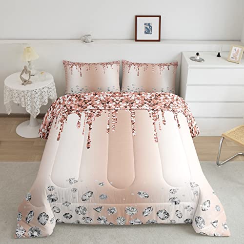 Juego de edredón infantil con brillantina de albaricoque, juego de ropa de cama con diamantes geométricos plateados para mujeres y niñas, edredón suave para adultos, juego de edredón acolchado