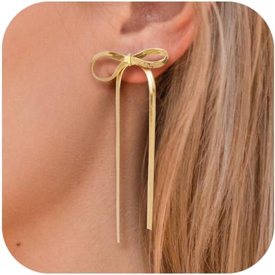 BAYLAY Bow Earrings for Women, 18K Gold Plated Bow Dangle Earrings Dangling Dangly Gold Earrings for Women Trendy for Wedding Prom Aretes para Mujer Gold Jewelry Gifts for Woman