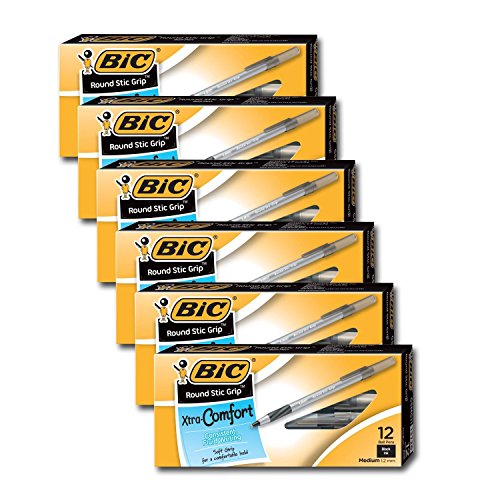 Image of Bic Ultra Round Stic Grip Ball Point Pens, Medium Point, 1.2 mm, Black Ink (72 Pens)