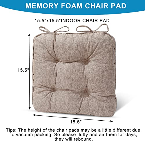 Eaimi Indoor Chair Cushions For Dinning Chairs 4 Packs| Tufted Memory Foam Overstuffed Kitchen Chair Pads With Ties | Textured Non Slip Back Seat Cushions 15.5X15.5X4 Inches Khaki #TOP2