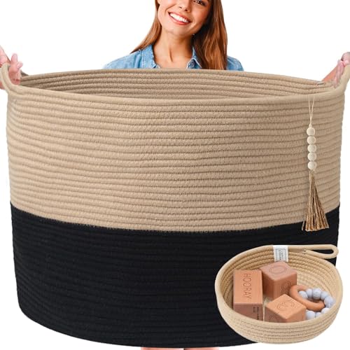 Image of XXXXL WASHABLE Blanket Basket Living Room Boho 24" x 17" 2PCs Toy Baskets Woven Rope Basket for Blankets,Pillows,Throws,Laundry + Small Tray | Woven Storage Wicker (Black & Brown)