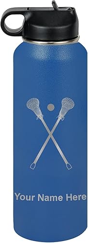 Vista 89 de LaserGram Botella de agua personalizada, palitos de lacrosse, acero inoxidable de doble pared aislada al vacío con popote superior, regalo grabado