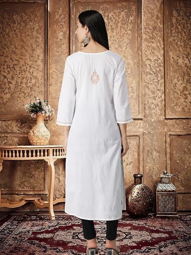 Image of Seva Chikan Hand Embroidered Lucknowi Chikankari Regular Straight Cotton Kurta Kurti for Women SCL4243