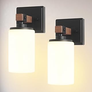 Wall Sconces Set of 2, 1 Light Farmhouse Rustic Vanity Light for Bathroom, Handmade Wood Grain Rustic Wall Lights Fixtures with White Shade for Mirror, Bedroom, Living Room, E26(Bulbs Not Included)