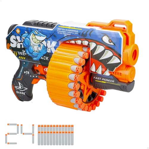 COLORBABY 47750 V-Zon Pistola de Dardos, 31 cm, 24 Balas de Goma Espuma, Ligeras y de Gran Alcance, Diseño tiburón, Ametralladora de Juguete, Lanzador, Juguetes niños 8 años, Pistolas niño