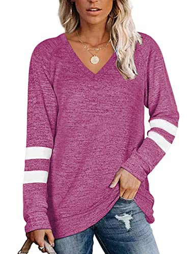 Famulily Women's Cozy Knit Sweater Warm and Pretty V Neck Long Sleeve Loose Fit Pullovers Jumper Rose Red M