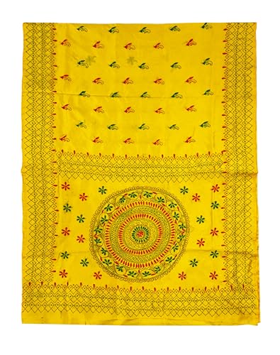 Image of SHRISTI CLOTHINGS Women's Hand Embroidered Cotton Silk Kantha Stitch Saree with Blouse Piece (SB4200924 YELLOWD95)