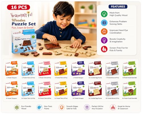Image of Braintastic All Ages Wooden Puzzle Portable Pack of 16(2x8 DIY) for Birthday Return Gifts Party Pack, Travel Board Game, Return Favors with Travel Pouch for All Age Group